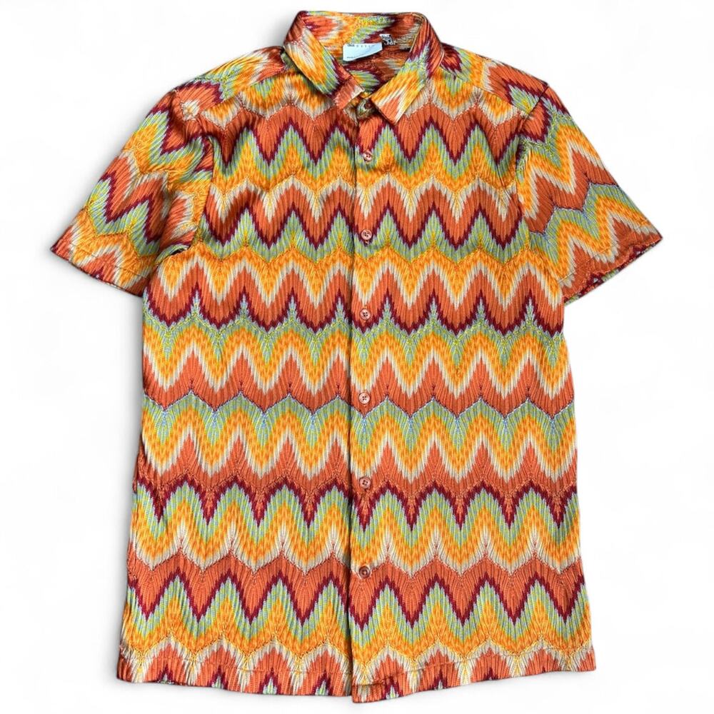 ASOS Designs Orange Green Multicolor Zig Zag Crochet Button Up Shirt Men’s Med